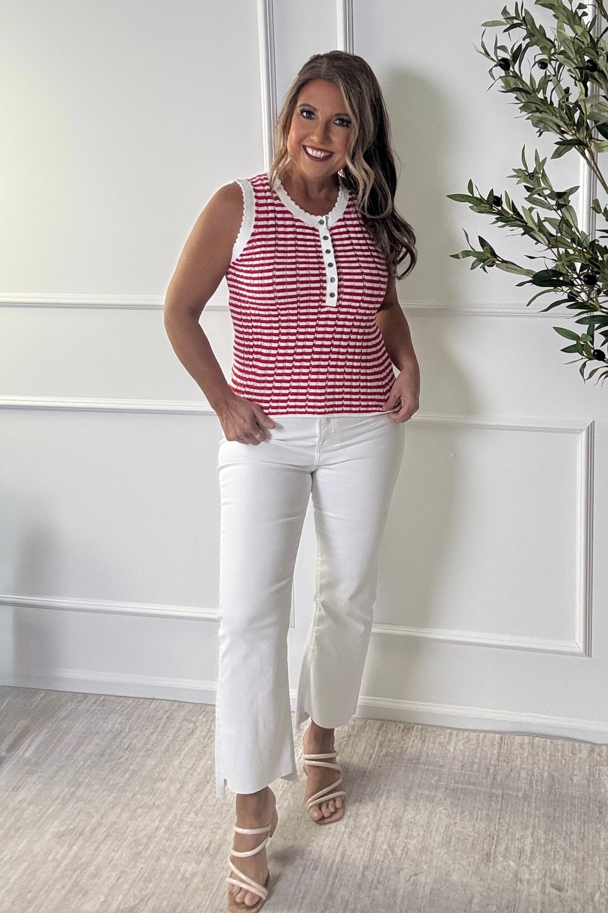 Emiliana Stripe Pointel Sweater Tank Top : Red/Off White