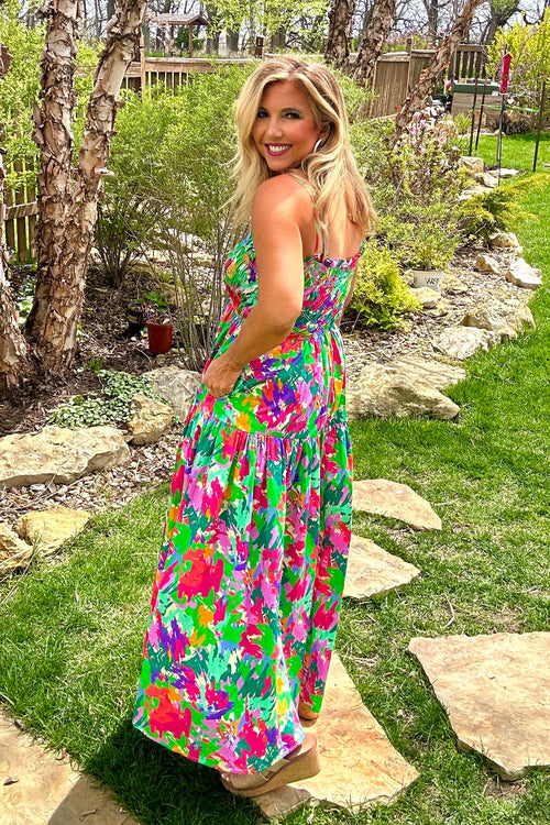 Annistyn Bias Smocked Bust Tiered Maxi Dress : Green Multi