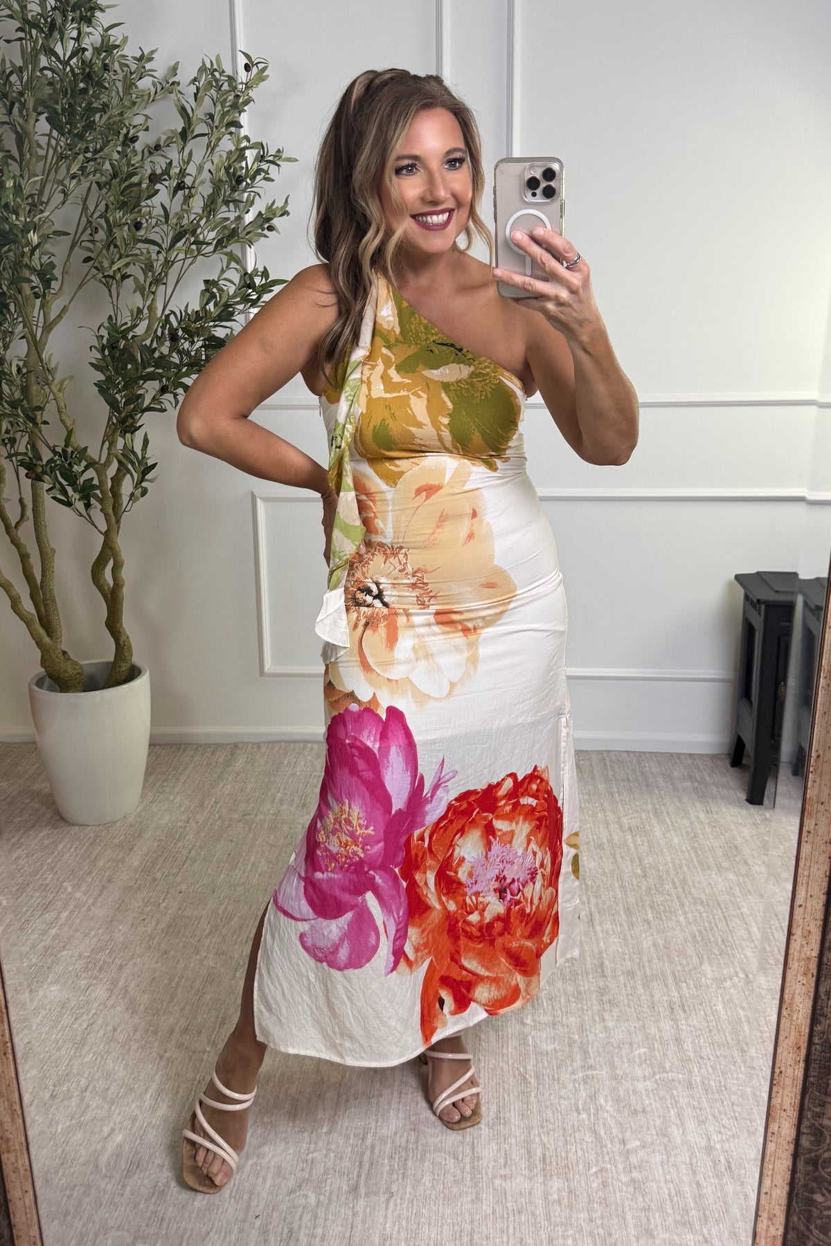 Georgina One Shoulder Floral Midi Dress : Cream Multi