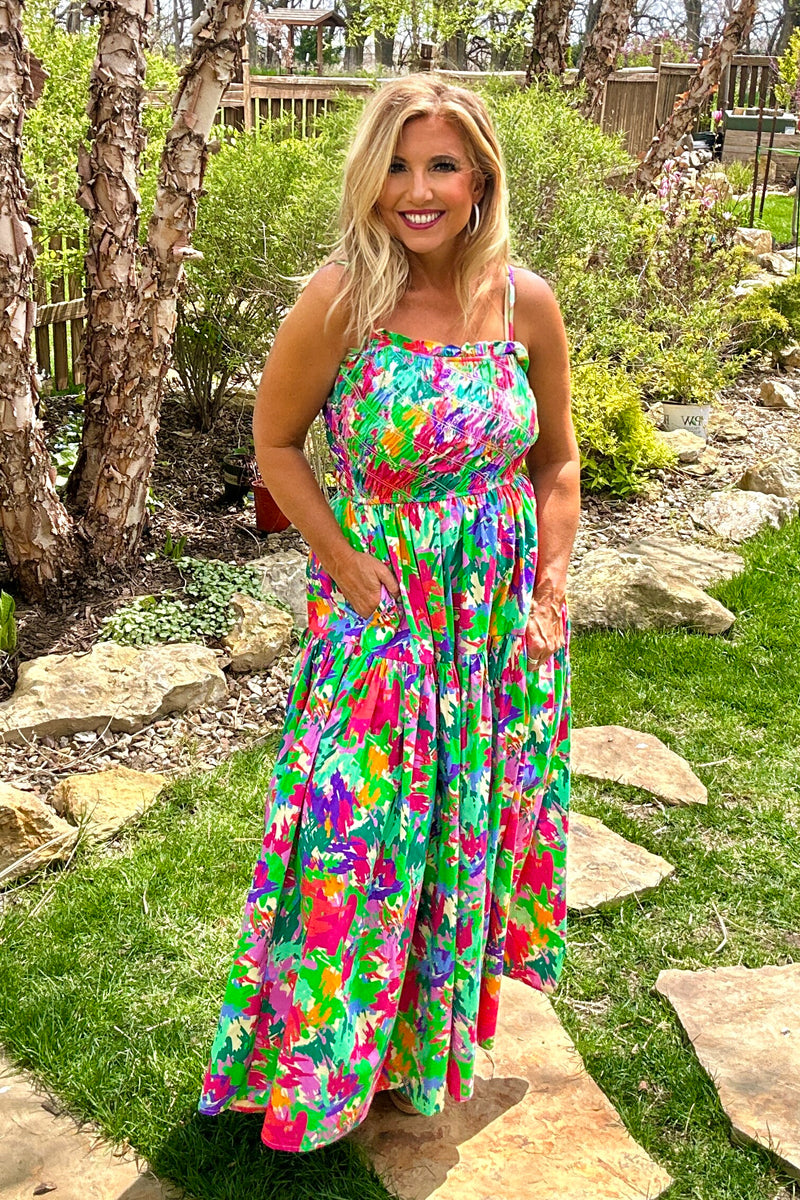 Annistyn Bias Smocked Bust Tiered Maxi Dress : Green Multi