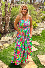 Annistyn Bias Smocked Bust Tiered Maxi Dress : Green Multi