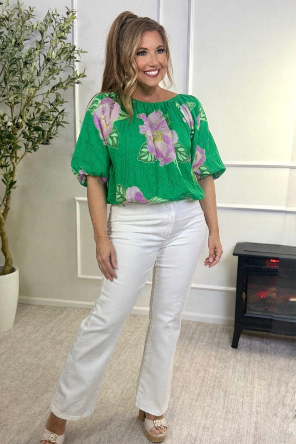 Adeline Floral Print Bubble Top : Green