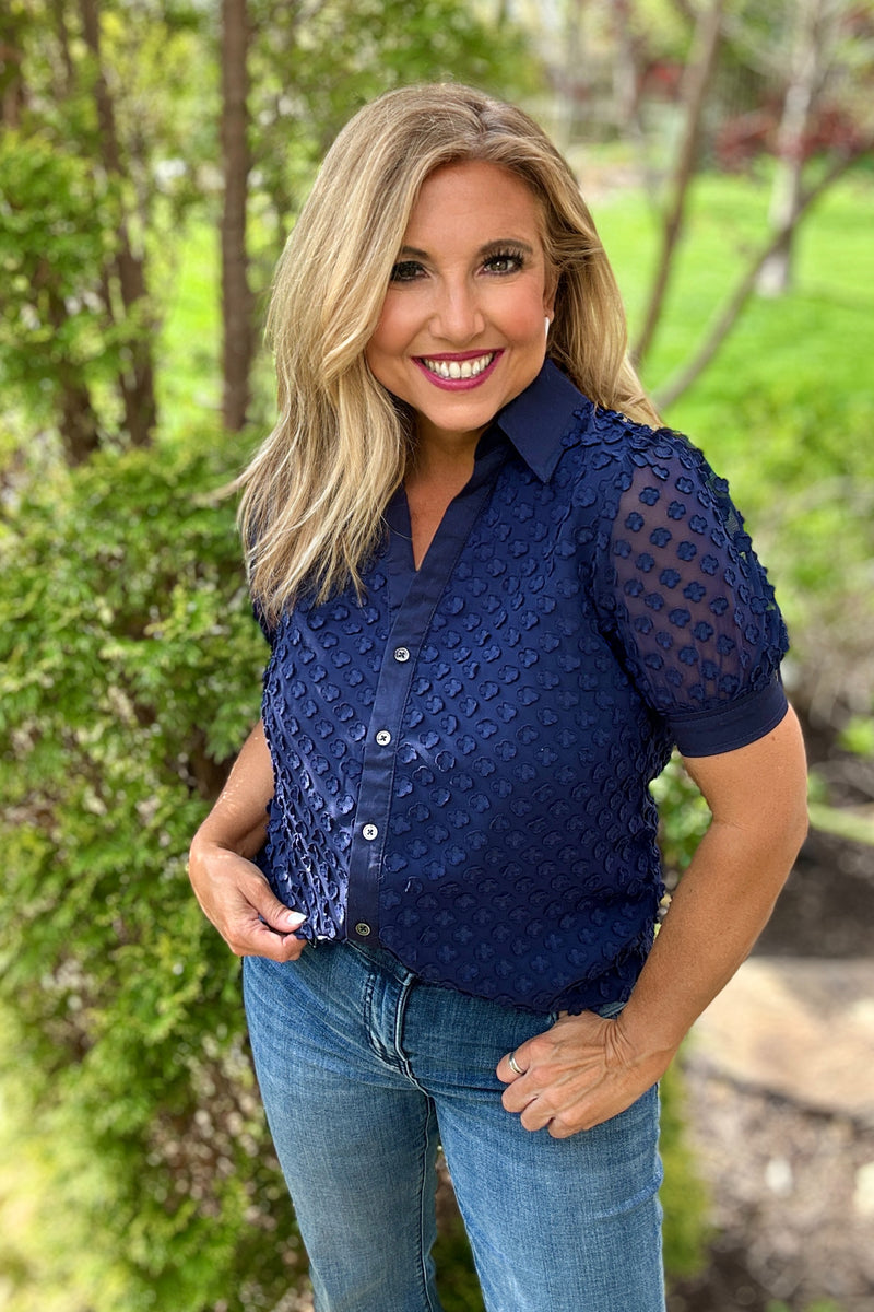 Alita Split Neck Button Down Blouse : Navy