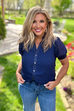 Alita Split Neck Button Down Blouse : Navy