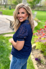 Alita Split Neck Button Down Blouse : Navy