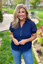 Alita Split Neck Button Down Blouse : Navy