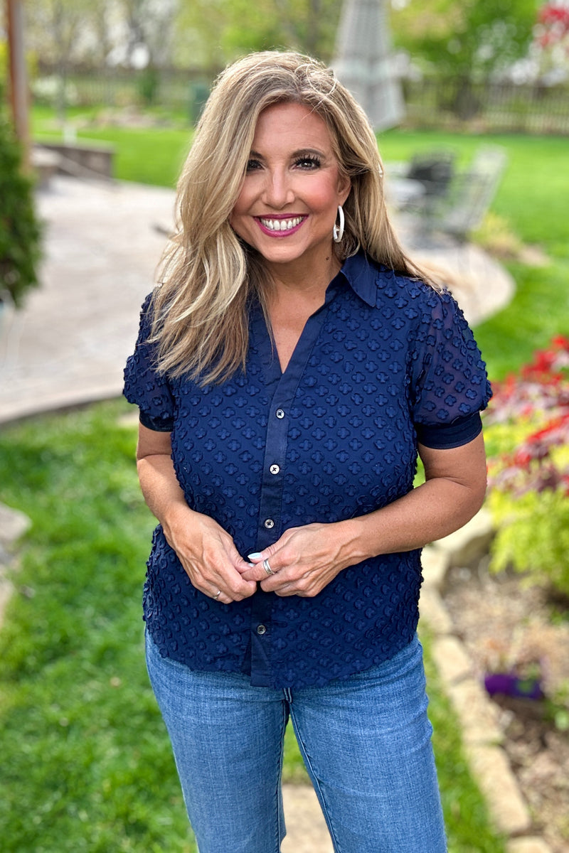 Alita Split Neck Button Down Blouse : Navy
