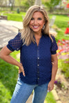 Alita Split Neck Button Down Blouse : Navy