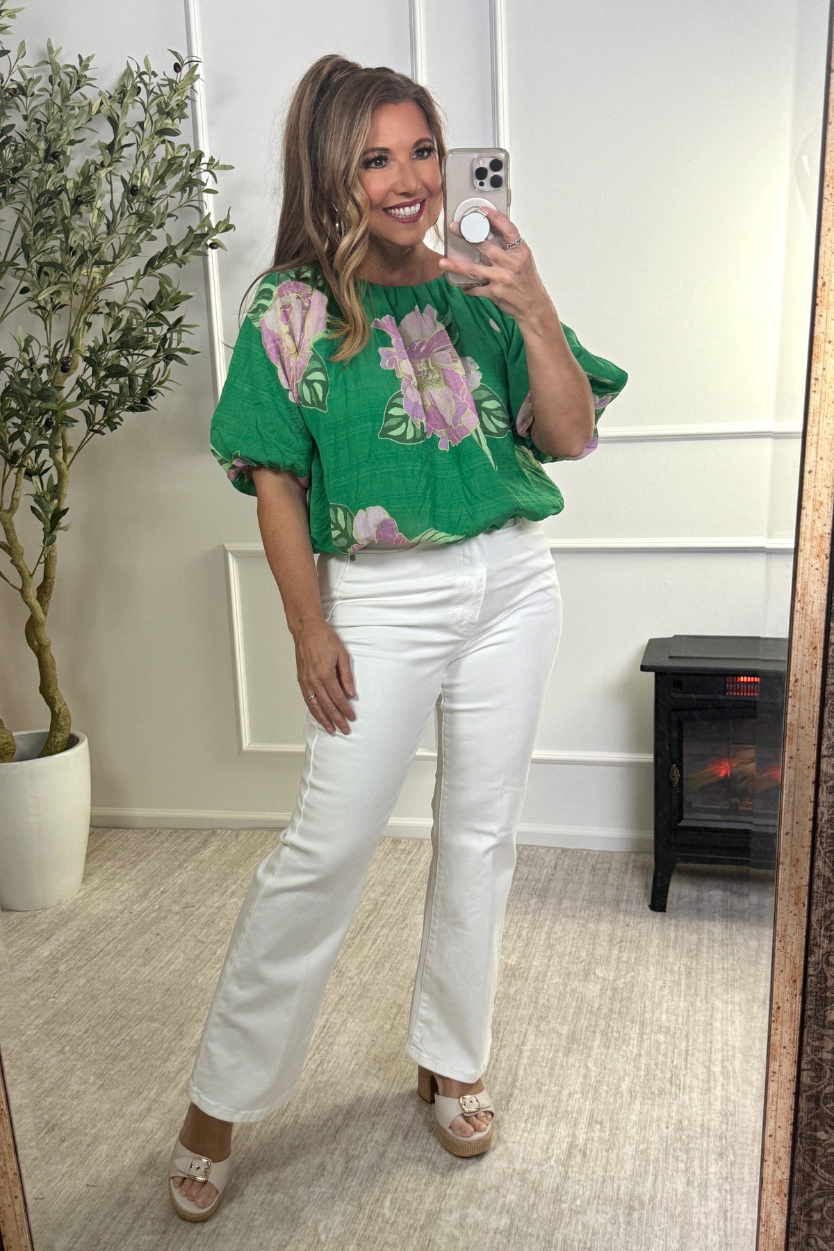 Adeline Floral Print Bubble Top : Green