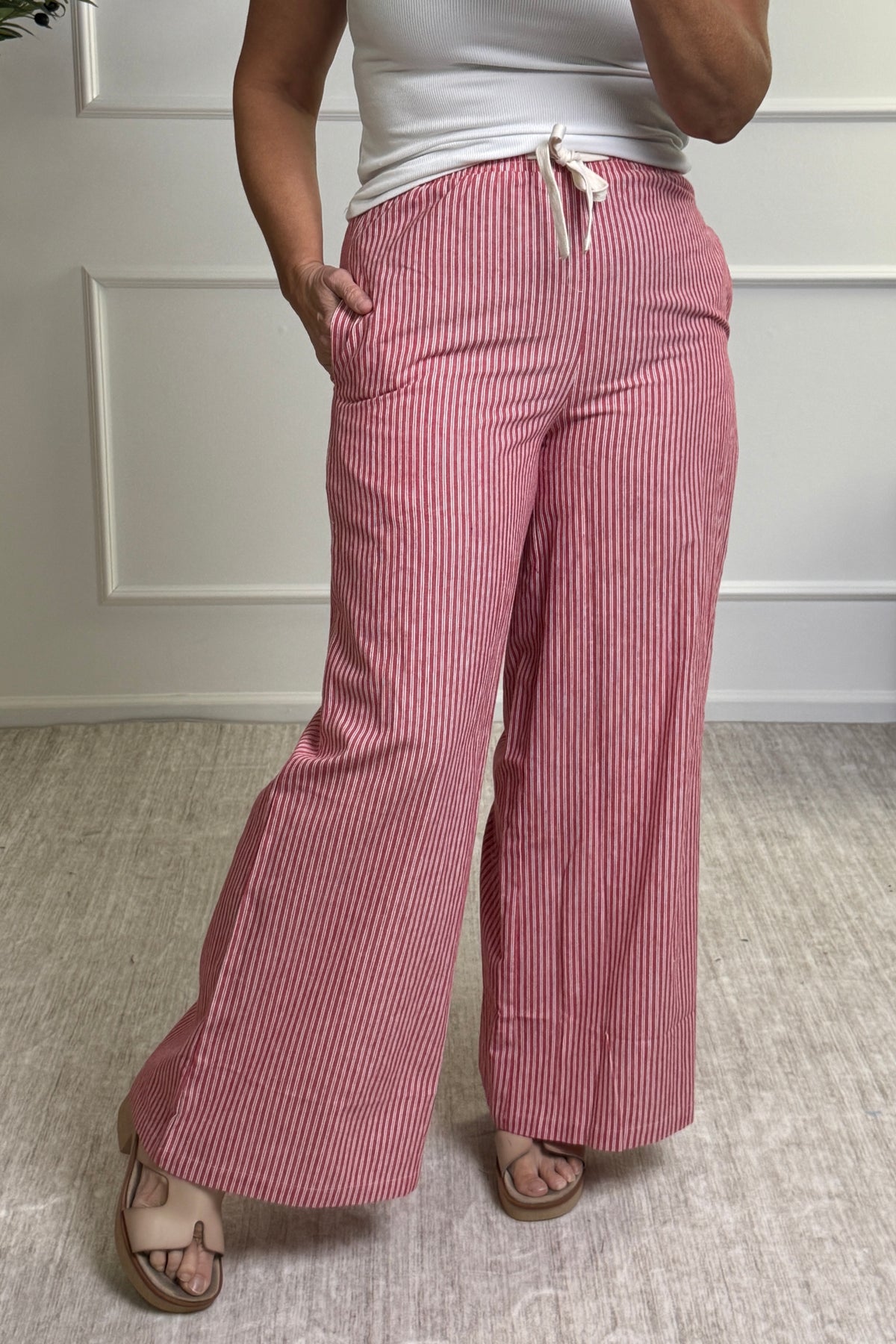 Sarahi Pinstripe Wide Leg Pants With Drawstring : Red