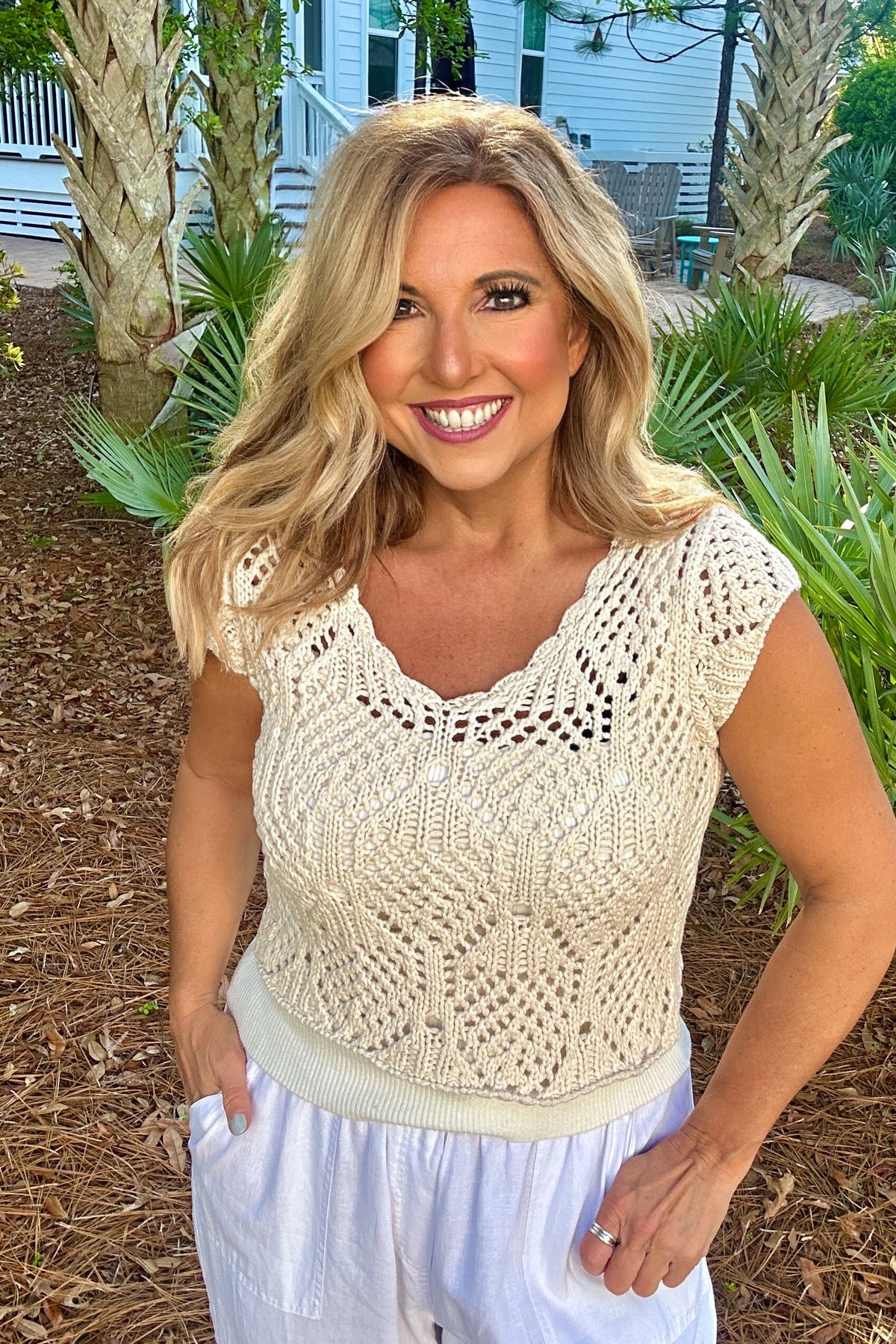 Dovie Crochet knit Sleevless Top : Natural