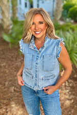Jupiter Denim Ruffle Sleeve Vest : Denim