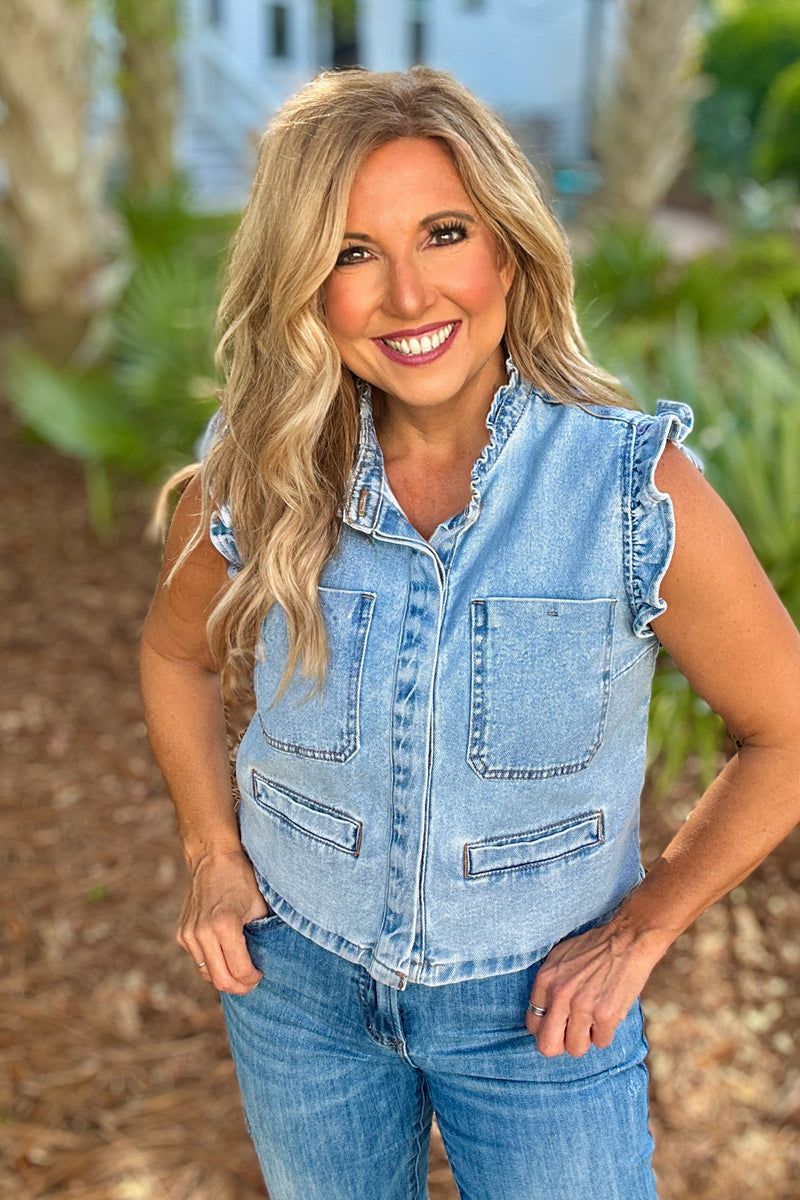 Jupiter Denim Ruffle Sleeve Vest : Denim