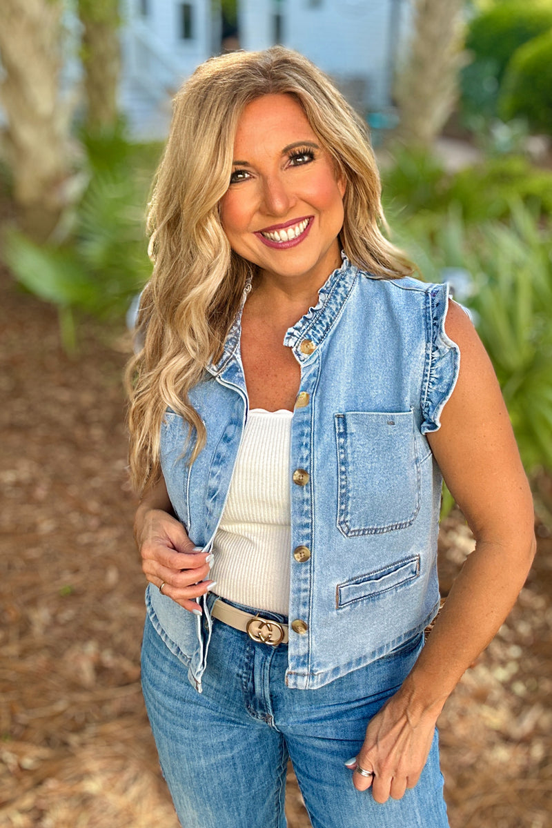 Jupiter Denim Ruffle Sleeve Vest : Denim
