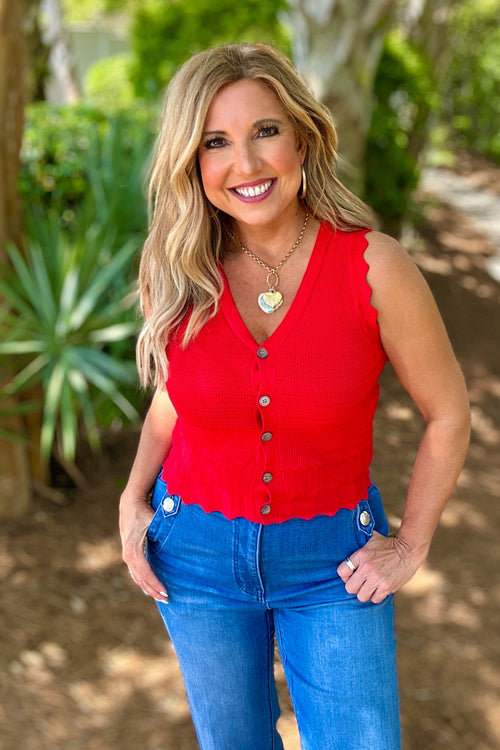 Elka Pointelle Knit Button Up Vest : Red