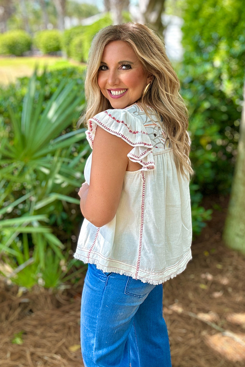 Liverpool Emmerson Flutter Sleeve V Neck Top : Bone