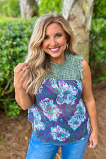Adley Ruffled Floral Print Top : Sapphire Green