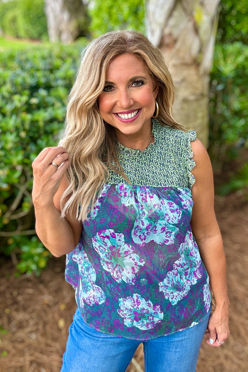 Adley Ruffled Floral Print Top : Sapphire Green