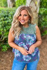 Adley Ruffled Floral Print Top : Sapphire Green
