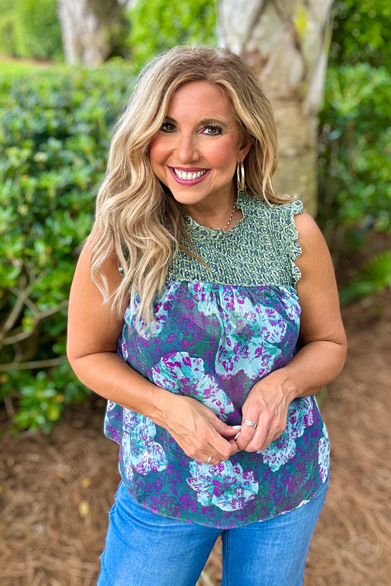 Adley Ruffled Floral Print Top : Sapphire Green