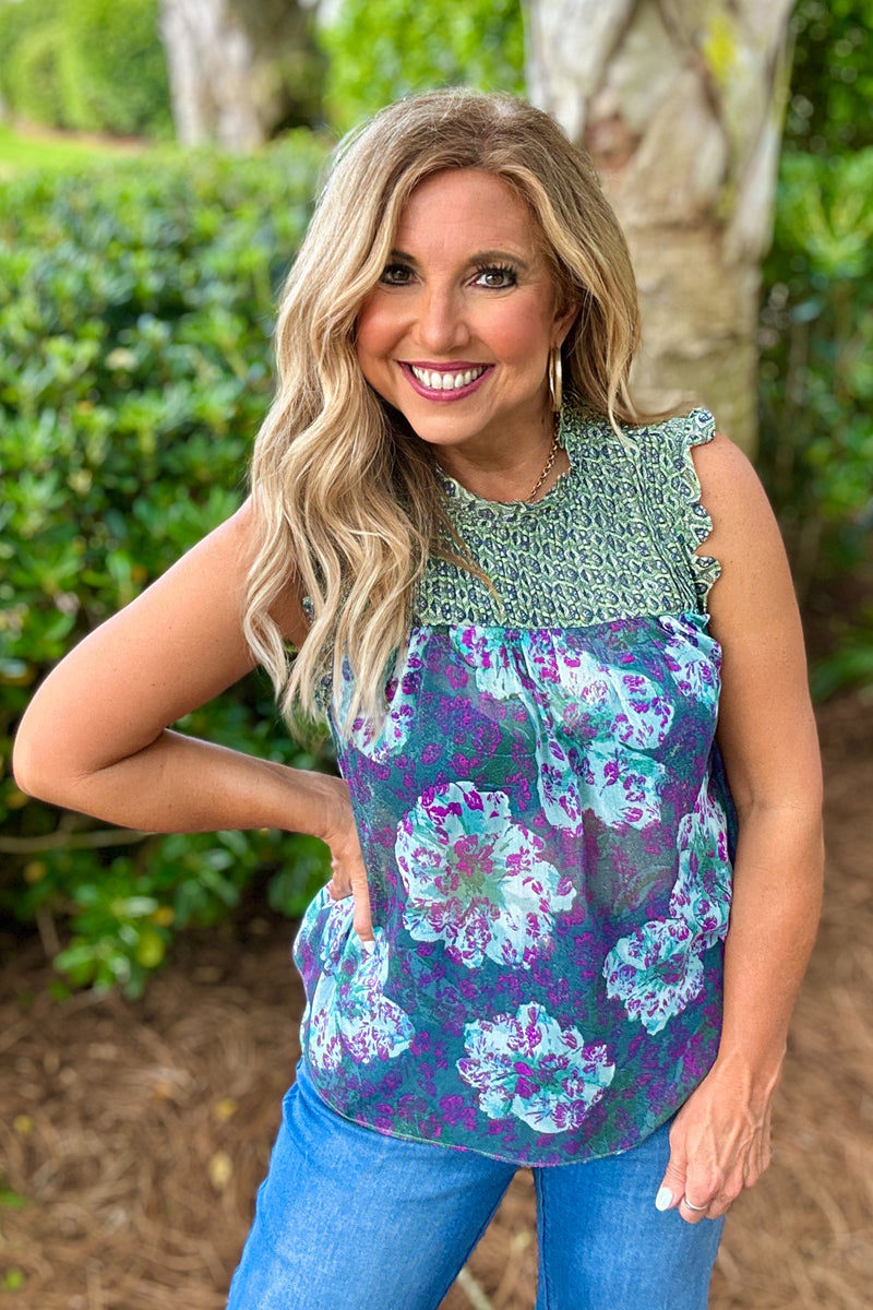Adley Ruffled Floral Print Top : Sapphire Green