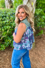 Adley Ruffled Floral Print Top : Sapphire Green