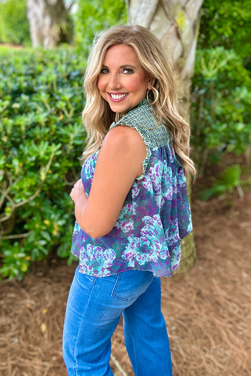 Adley Ruffled Floral Print Top : Sapphire Green