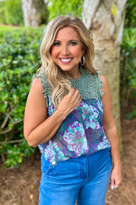 Adley Ruffled Floral Print Top : Sapphire Green