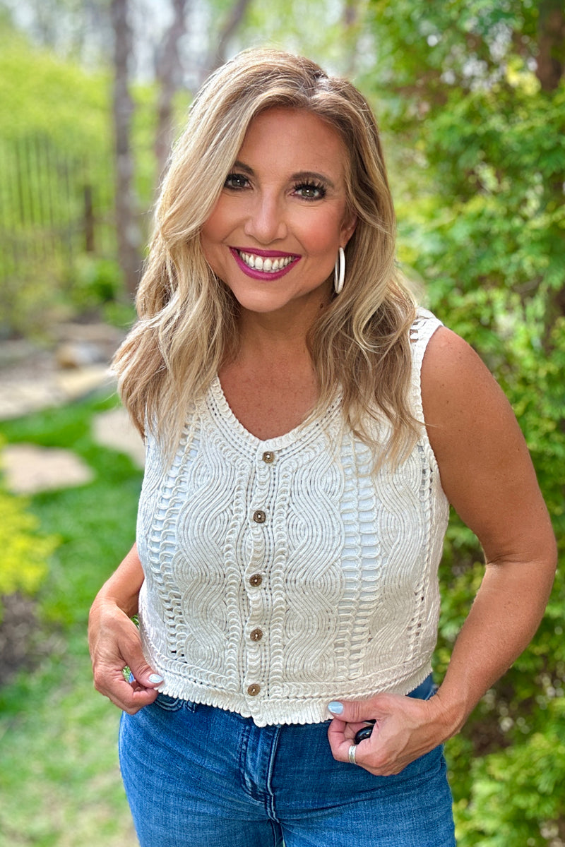 Jaelyn Crochet Knit Button Up Top or Vest :  Natural