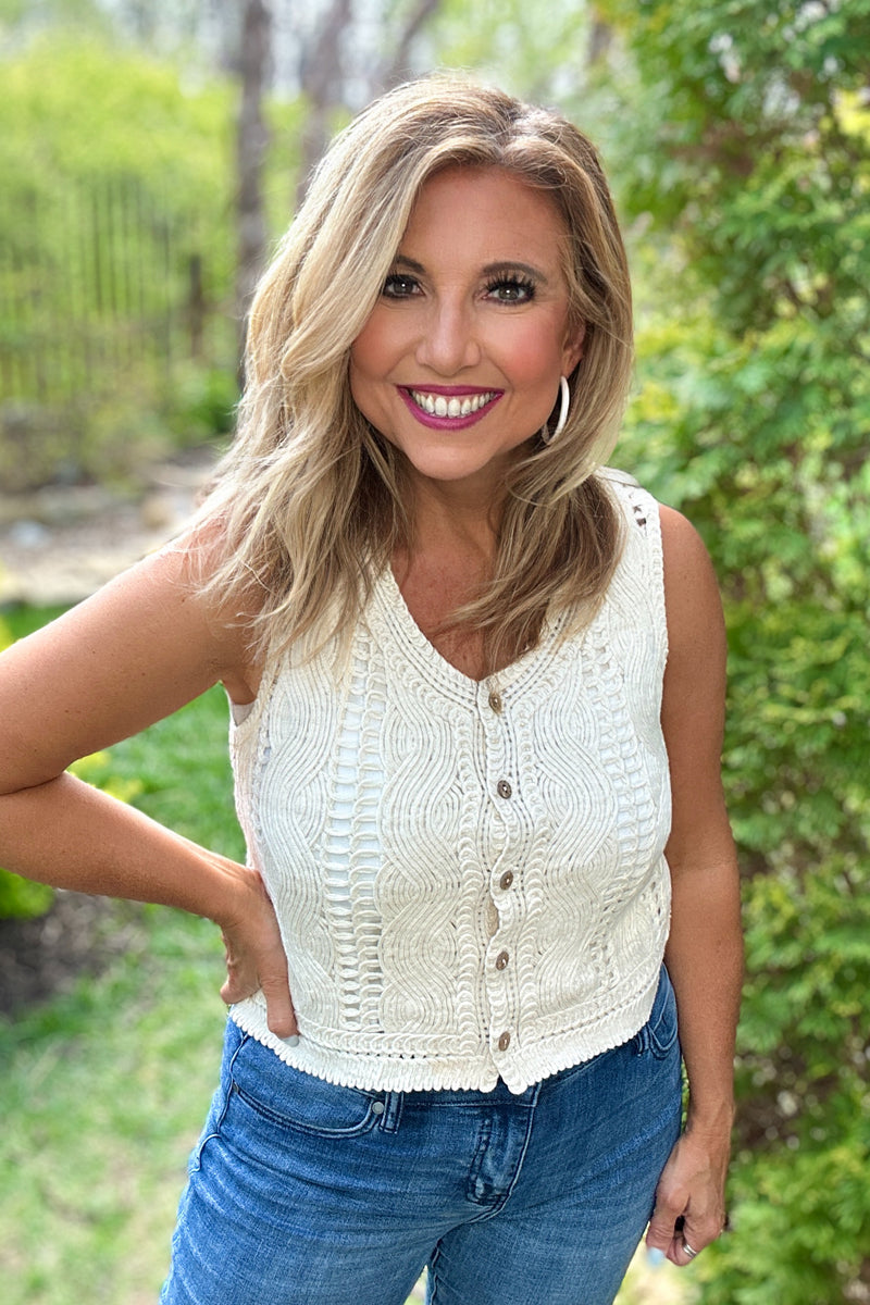 Jaelyn Crochet Knit Button Up Top or Vest :  Natural