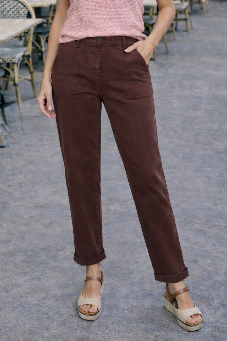 Risen Skylar High Rise Ankle Cuffed Slim Barrel Jeans : Brown
