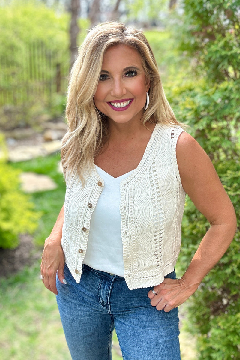 Jaelyn Crochet Knit Button Up Top or Vest :  Natural