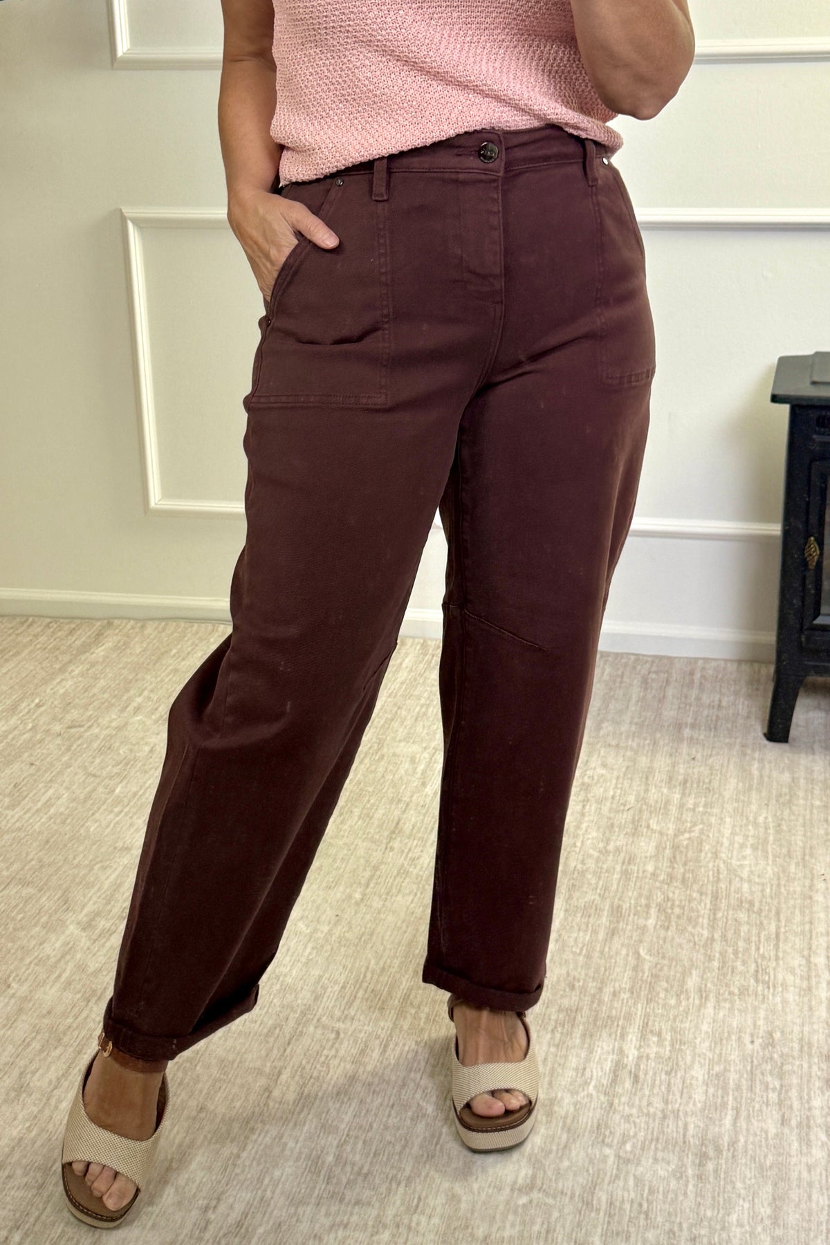 Risen Skylar High Rise Ankle Cuffed Slim Barrel Jeans : Brown