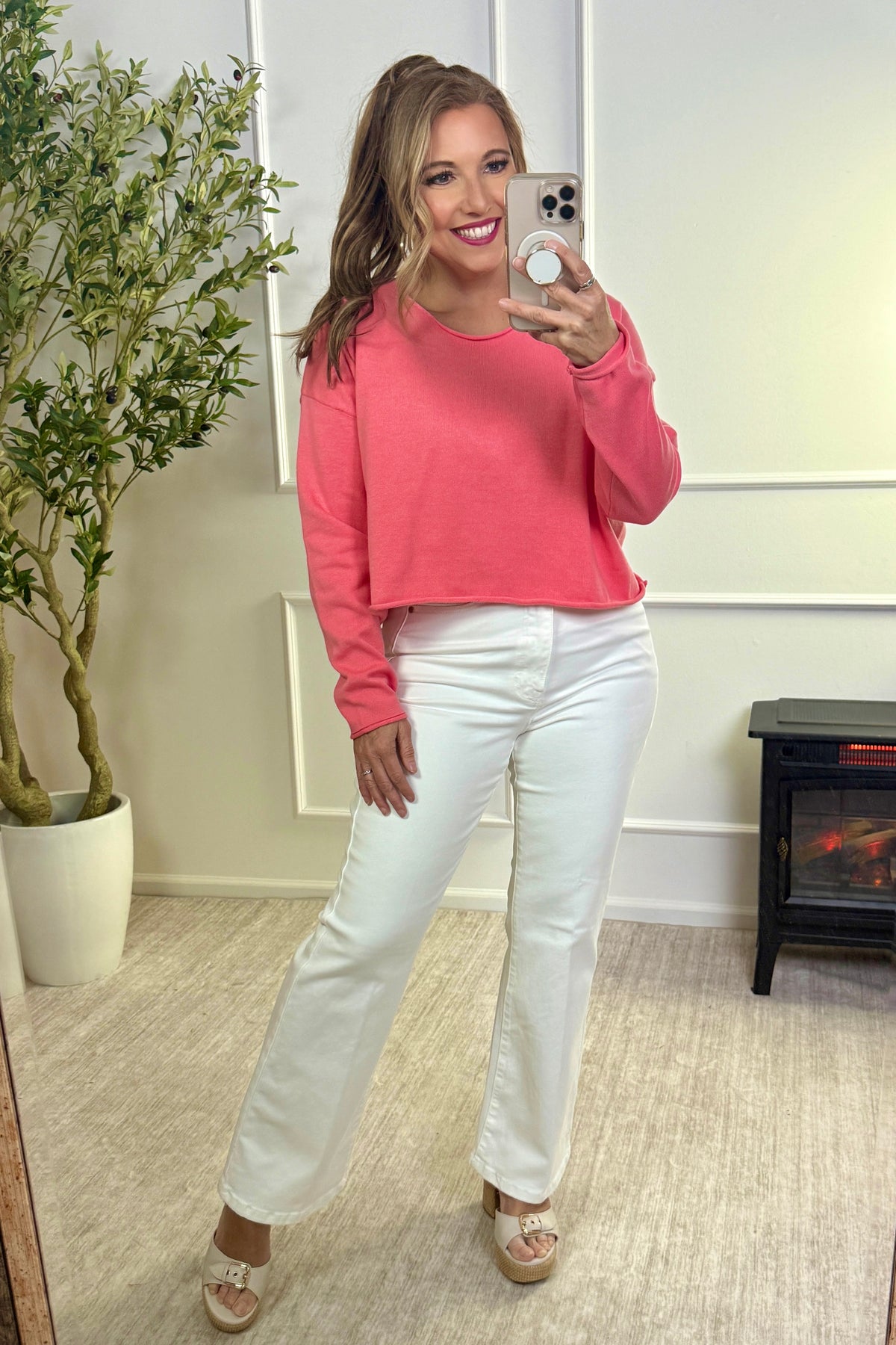 Aubrey Lightweight Cropped Sweater Top : Guava
