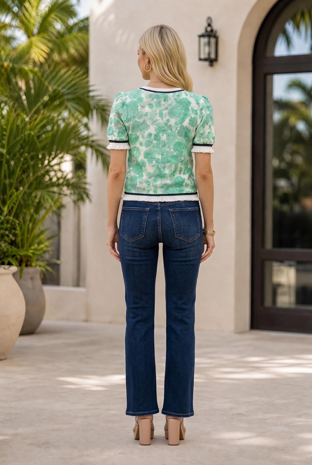 Aquila Ribbed Knit Band Floral Textured Top : Mint