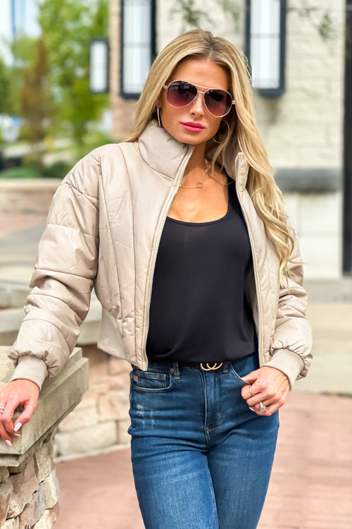 Winter Nights Faux Leather Cropped Puffer Jacket : Khaki