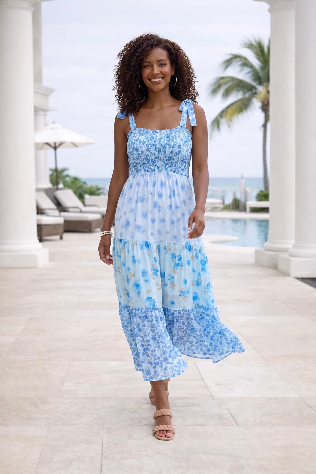 Andrielle Tied Strap Smocked Top Tiered Long Dress : Ocean Blue