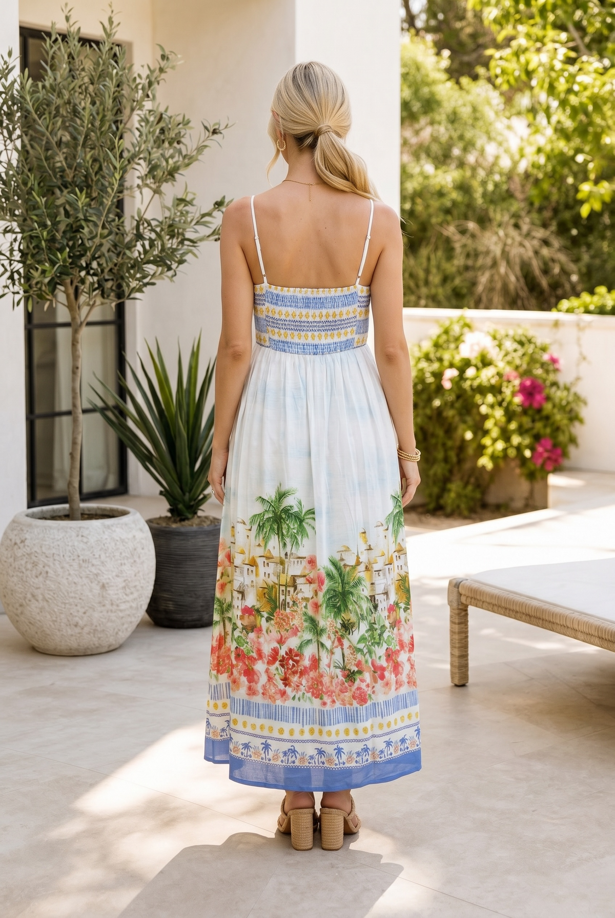 Darlene Tropical Scenic Print Midi Dress : Blue Mutli
