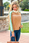 Feeling Inspired Striped Sleeve Mock Neck Sweater : Tan/Cream/Green