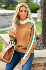 Feeling Inspired Striped Sleeve Mock Neck Sweater : Tan/Cream/Green