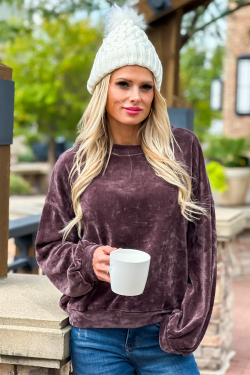 Simple Reminder Chenille Bubble Sleeve Pullover : Chocolate