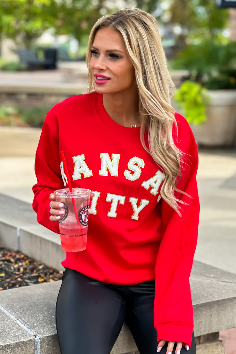Kansas City Chenille Letter Sweatshirt : Red/White/Gold