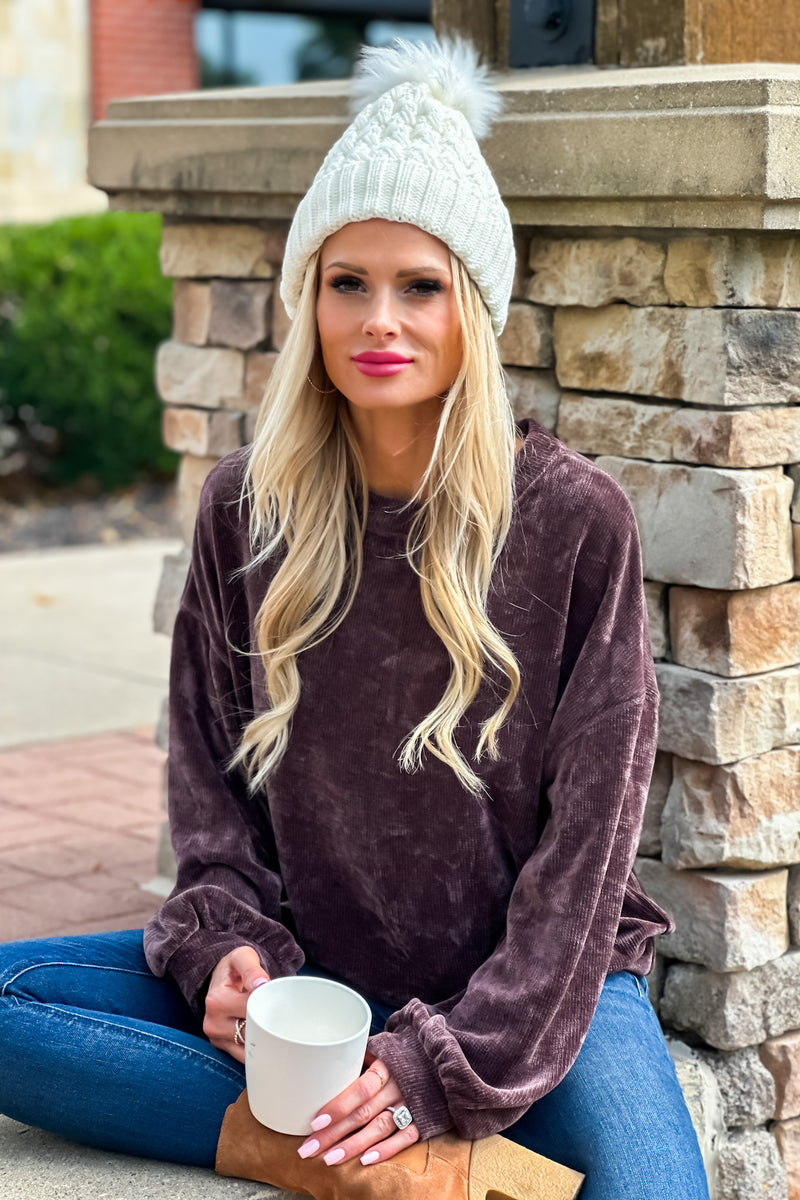 Simple Reminder Chenille Bubble Sleeve Pullover : Chocolate