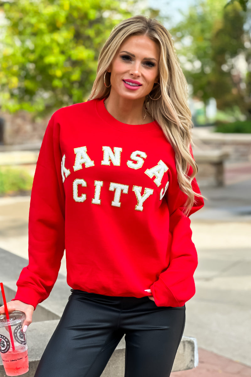 Kansas City Chenille Letter Sweatshirt : Red/White/Gold