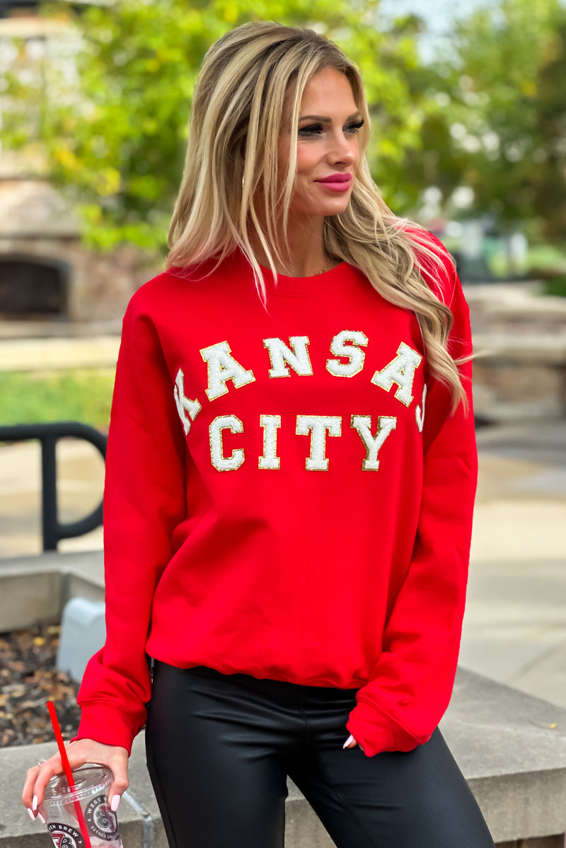 Kansas City Chenille Letter Sweatshirt : Red/White/Gold