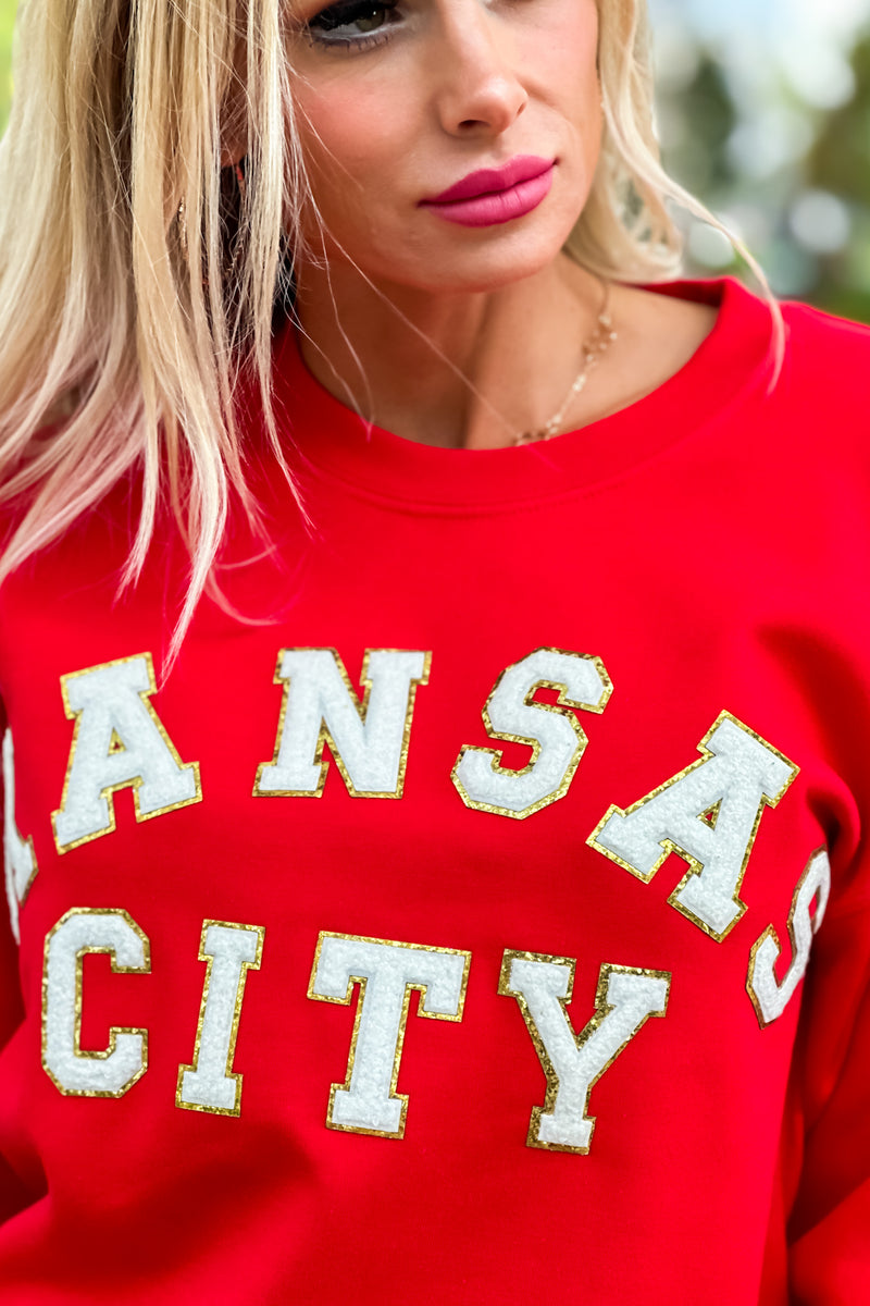 Kansas City Chenille Letter Sweatshirt : Red/White/Gold