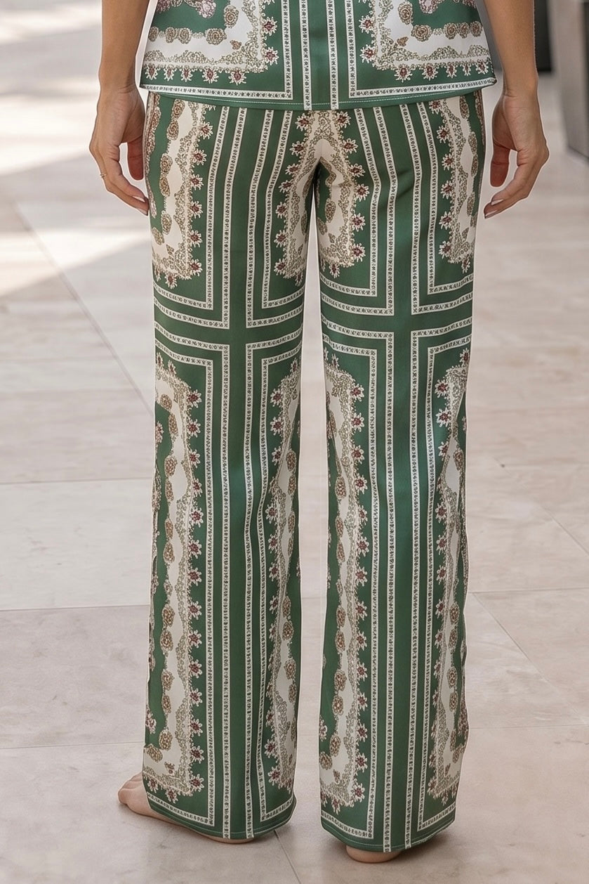 Chanelle Scarf Print Elastic Waistband Wide Leg Pants : Green Multi
