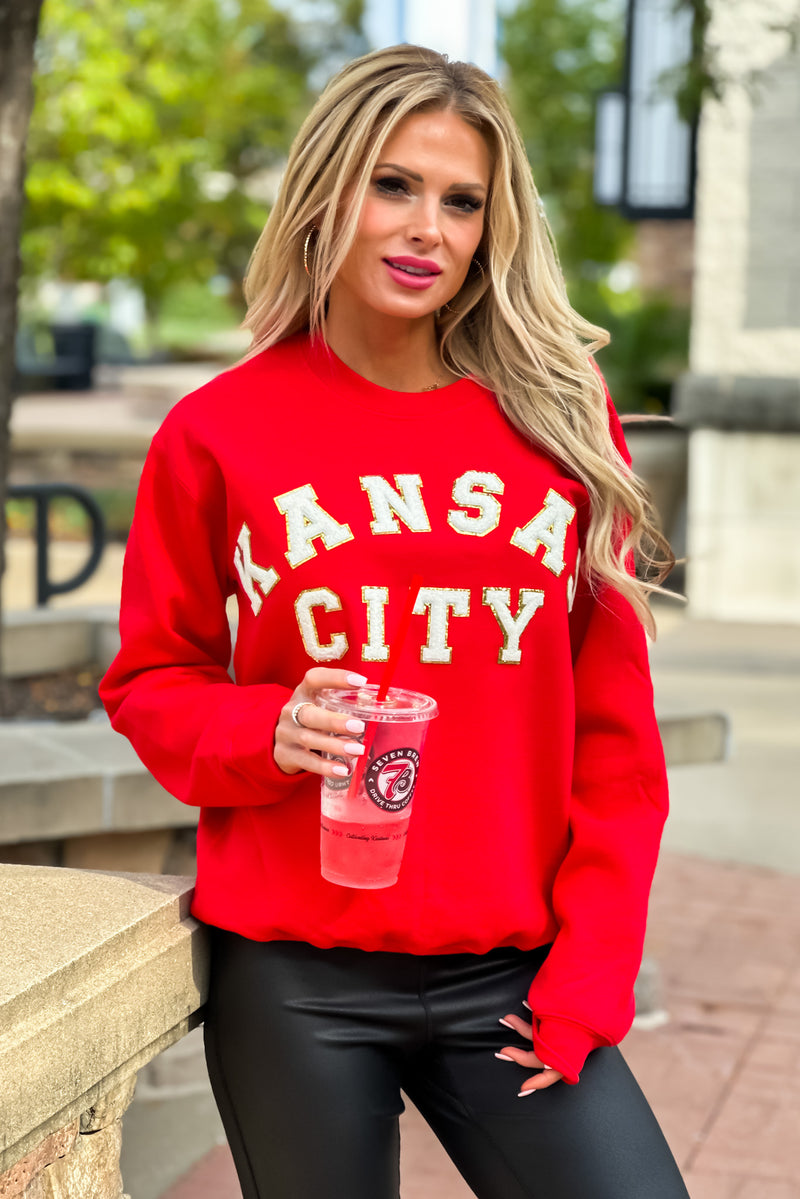 Kansas City Chenille Letter Sweatshirt : Red/White/Gold