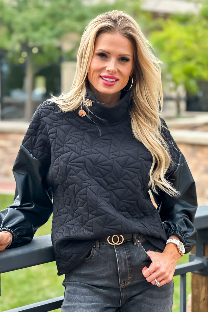 Only The Best Faux Leather Sleeve Quilted Top : Black