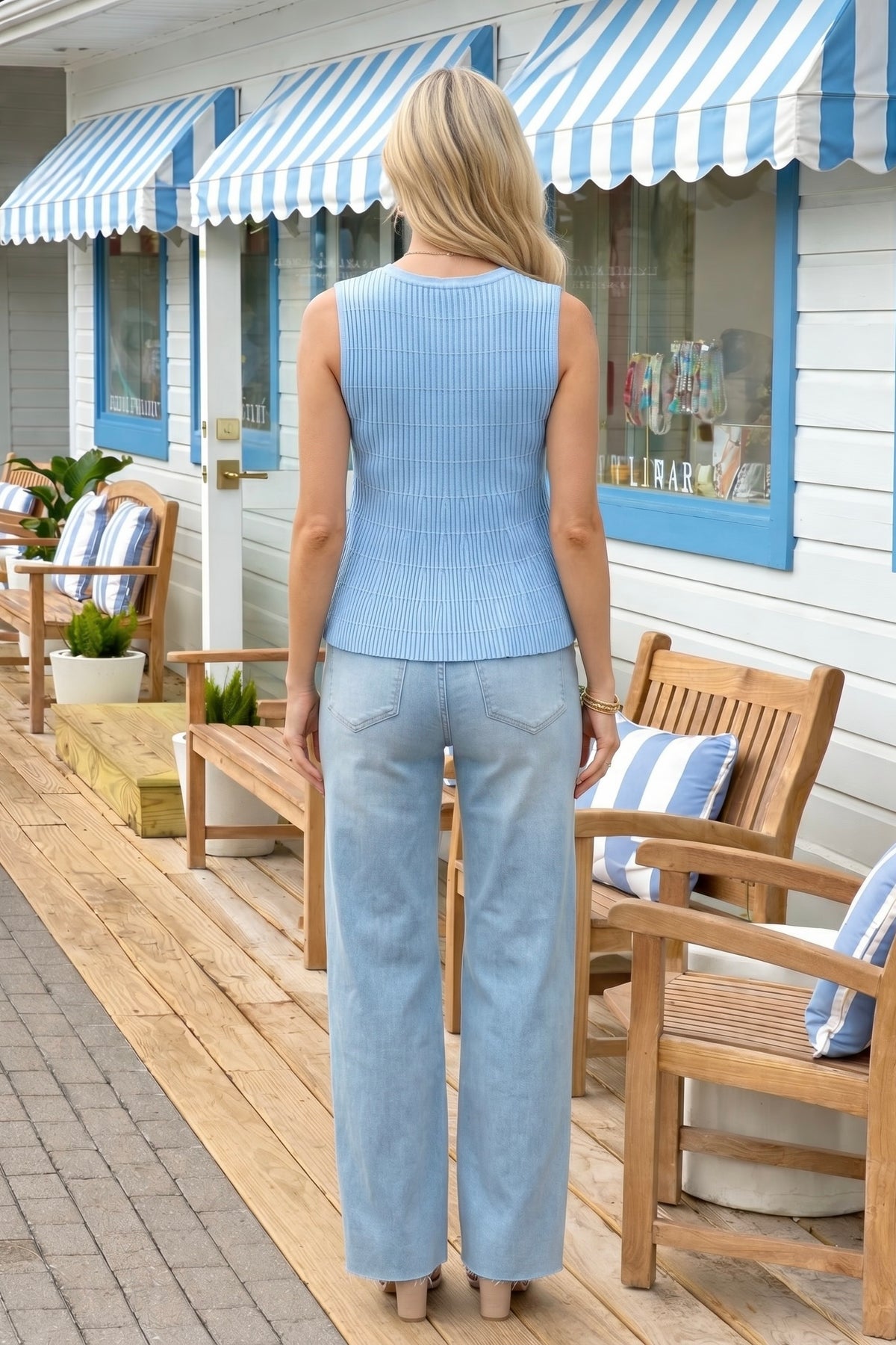 Alice Flared Ribbed Sleeveless Knit Sweater Top : Sky Blue